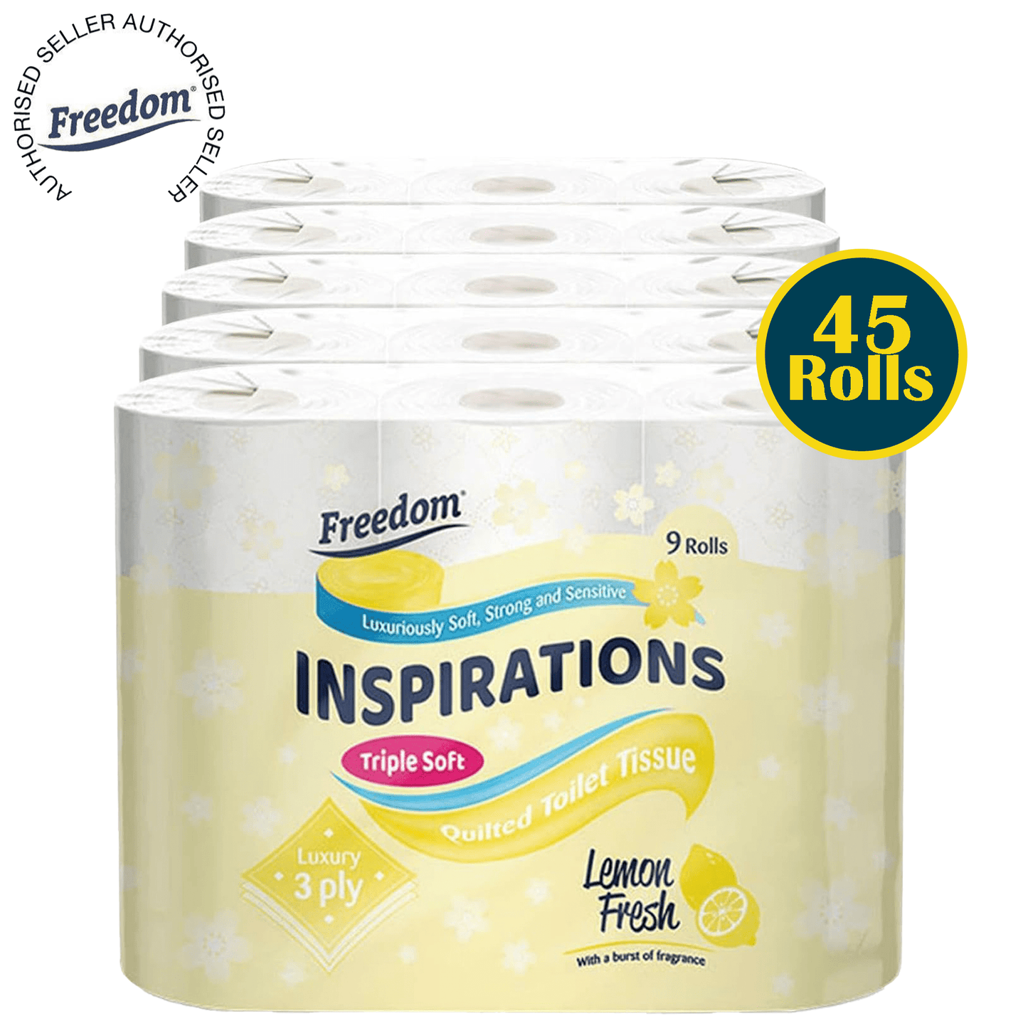 Freedom Inspirations Luxury 3Ply Toilet Roll - 45 Quilted Lemon Fresh Triple Soft and Scented Hygiene Bulk White Toilet Tissue and Loo Rolls