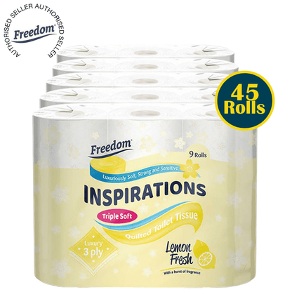 Freedom Inspirations Luxury 3Ply Toilet Roll - 45 Quilted Lemon Fresh Triple Soft and Scented Hygiene Bulk White Toilet Tissue and Loo Rolls