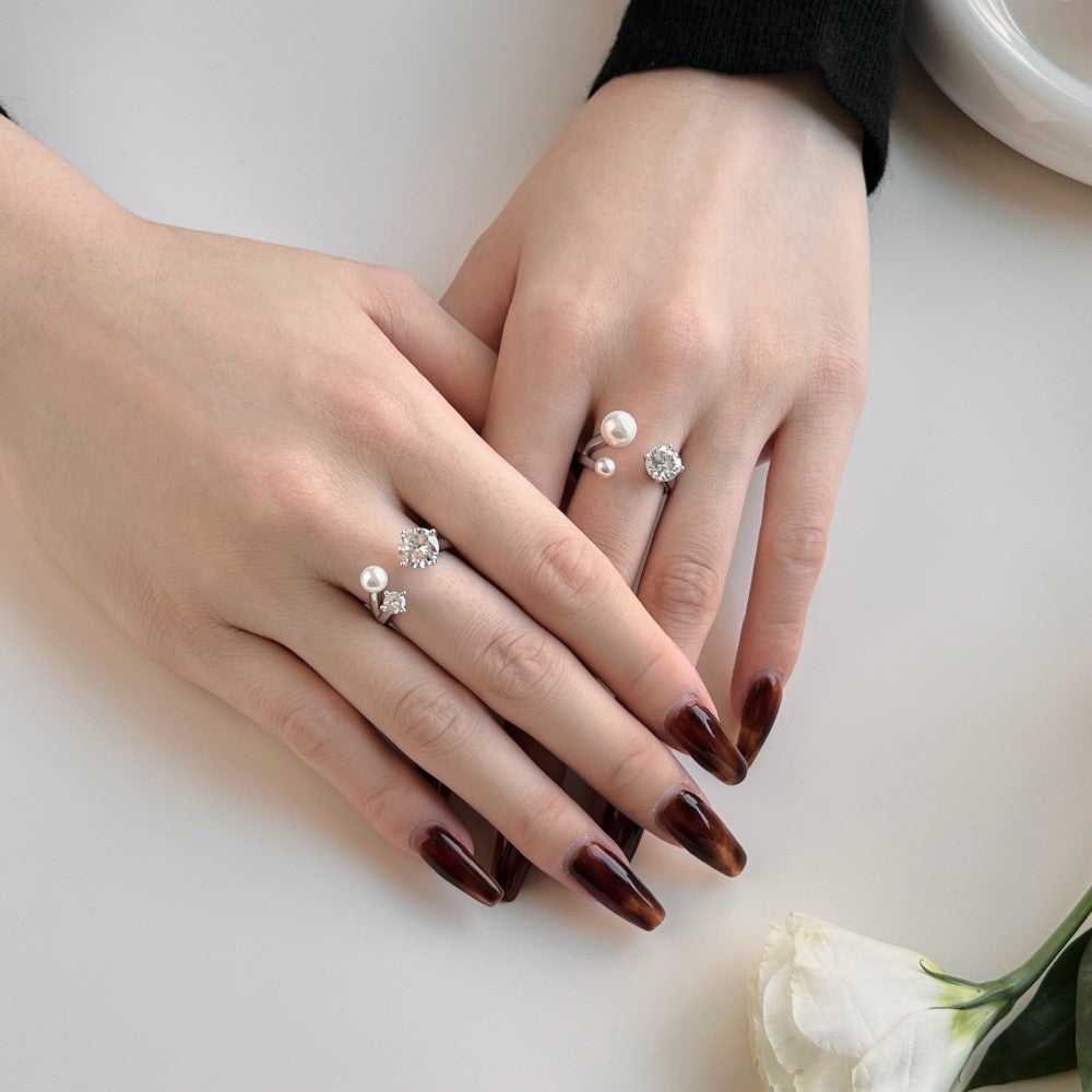 S925 Sterling Silver Women's Open Ring Zircon Pearl Inlaid Personality