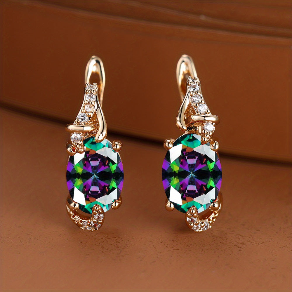 [18K Gold Plated Earrings] 18K Gold Plated Blue Stone Stud Earrings | Trendy Round Oval Cut White Blue Red Pink Stone Drop Earrings | Anniversary Claw Earrings Jewelry for Women