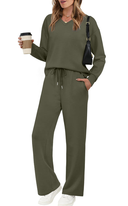 Long-sleeve Drawstring Solid-color Casual Pants Set