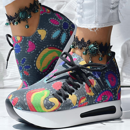 Women's Random Print Side Lace-Up Elastic Sport Shoes, Comfortable Slip-On Sneakers For Women, Casual Daily Wear Footwear