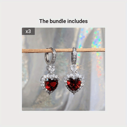 Aqua Blue Red Stone Heart Shaped Wedding Earrings For Women Eternity Love Earrings Engagement Accessories Fashion Jewelry