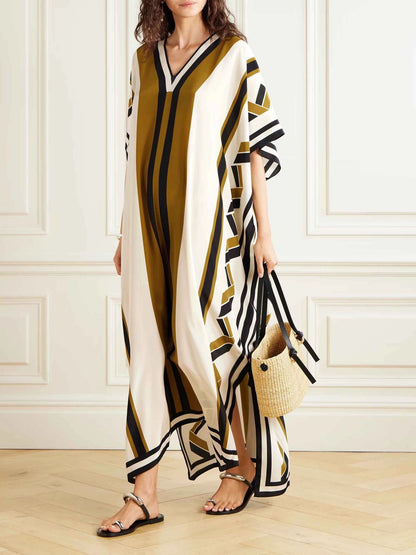 Striped Printed Lace-Up Maxi Dress