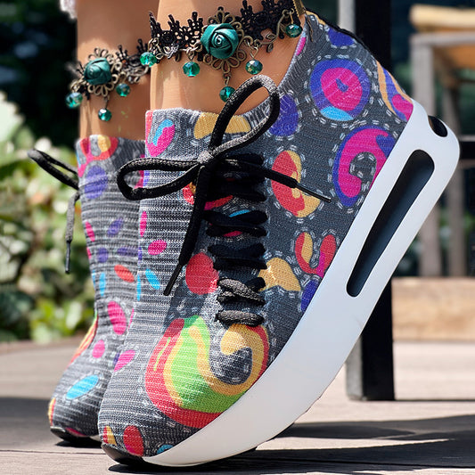 Women's Random Print Side Lace-Up Elastic Sport Shoes, Comfortable Slip-On Sneakers For Women, Casual Daily Wear Footwear