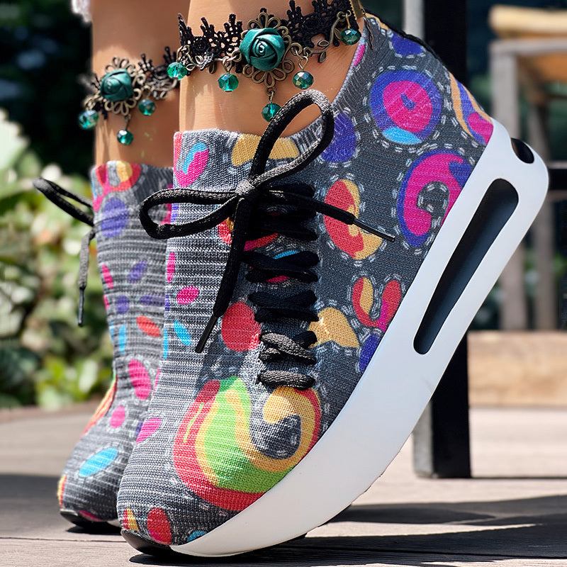 Women's Random Print Side Lace-Up Elastic Sport Shoes, Comfortable Slip-On Sneakers For Women, Casual Daily Wear Footwear