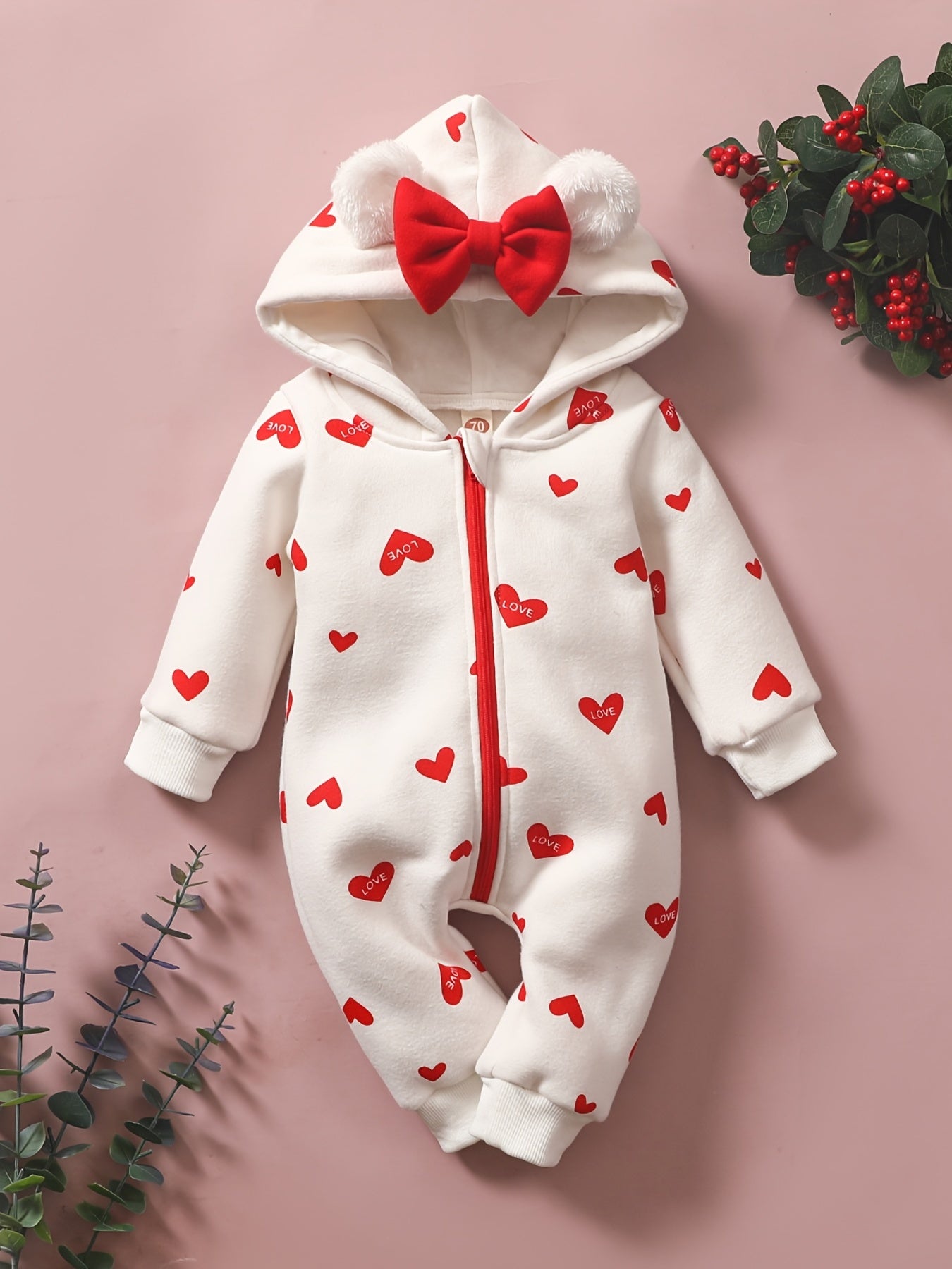 1pc Baby Girl'S Sweetheart-Themed Long-Sleeve Zip-Up Jumpsuit with Red Heart Print & Hood - Cozy Polyester, Ideal for Valentine'S Day, Infant Clothing|Playful Design|Zipup Jumpsuit, for Outdoor