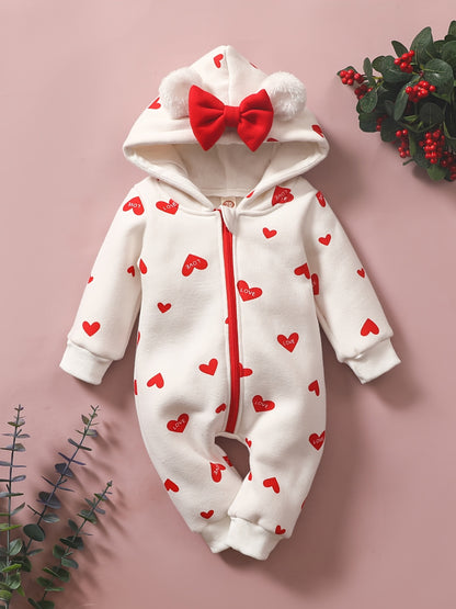 1pc Baby Girl'S Sweetheart-Themed Long-Sleeve Zip-Up Jumpsuit with Red Heart Print & Hood - Cozy Polyester, Ideal for Valentine'S Day, Infant Clothing|Playful Design|Zipup Jumpsuit, for Outdoor