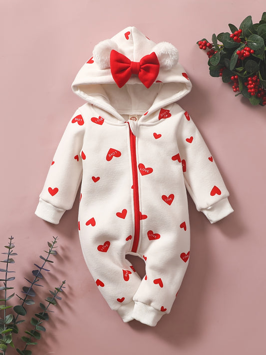 1pc Baby Girl'S Sweetheart-Themed Long-Sleeve Zip-Up Jumpsuit with Red Heart Print & Hood - Cozy Polyester, Ideal for Valentine'S Day, Infant Clothing|Playful Design|Zipup Jumpsuit, for Outdoor