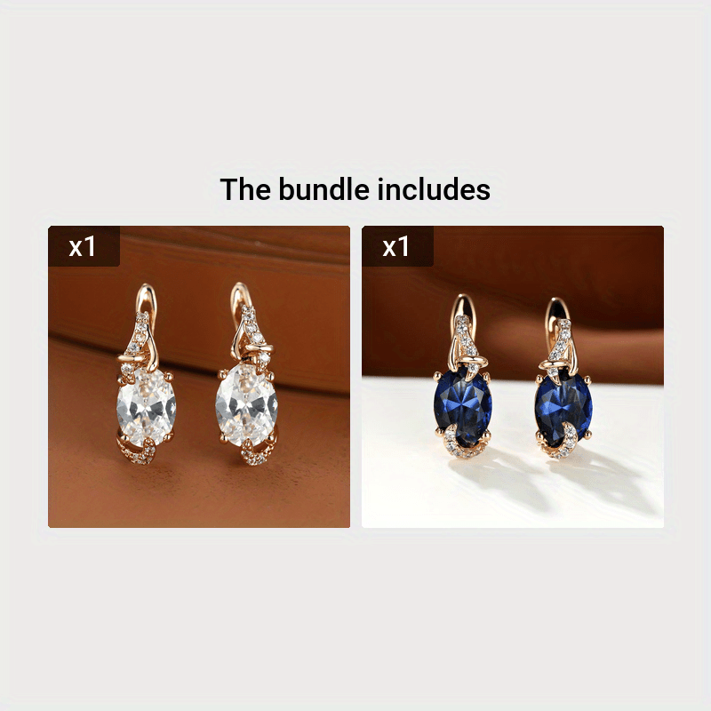 [18K Gold Plated Earrings] 18K Gold Plated Blue Stone Stud Earrings | Trendy Round Oval Cut White Blue Red Pink Stone Drop Earrings | Anniversary Claw Earrings Jewelry for Women