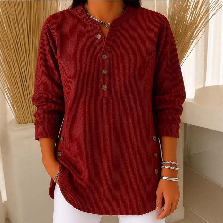 V-neck Buttons Sweater Fashion Casual Solid Color Long-sleeved Tops Women's Blouse T-shirt Clothing