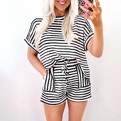 Summer Womens Crew Neck Pullover Short Sleeve Top And Drawstring Shorts Striped Set