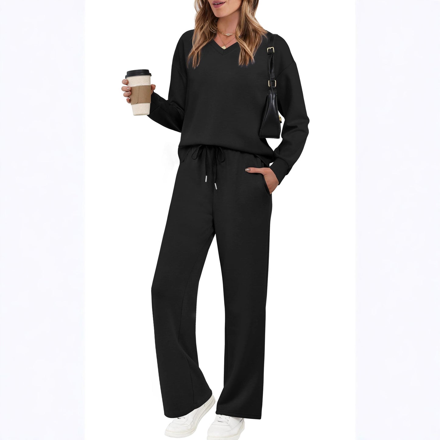 Long-sleeve Drawstring Solid-color Casual Pants Set