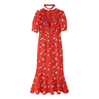 Summer New French-style Sweet Design Slim-fit Puff-sleeve Floral Print Dress