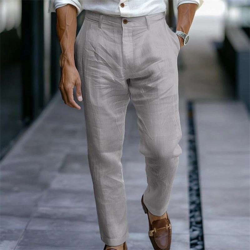 Men's Linen Trousers Solid Color Breathable Casual Pants Outdoor Clothing