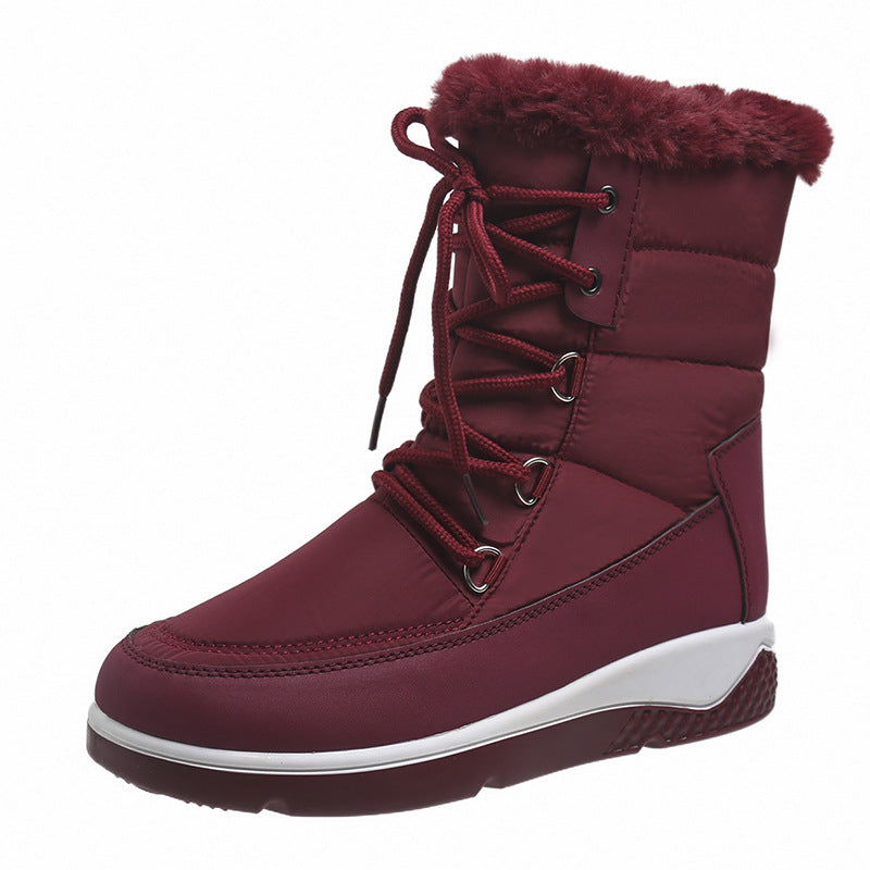 Large High Top Cotton Boots Women's Plush Front Lace Up Side Zipper