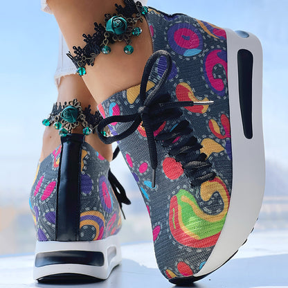 Women's Random Print Side Lace-Up Elastic Sport Shoes, Comfortable Slip-On Sneakers For Women, Casual Daily Wear Footwear