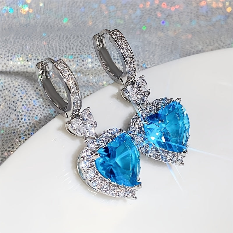 Aqua Blue Red Stone Heart Shaped Wedding Earrings For Women Eternity Love Earrings Engagement Accessories Fashion Jewelry
