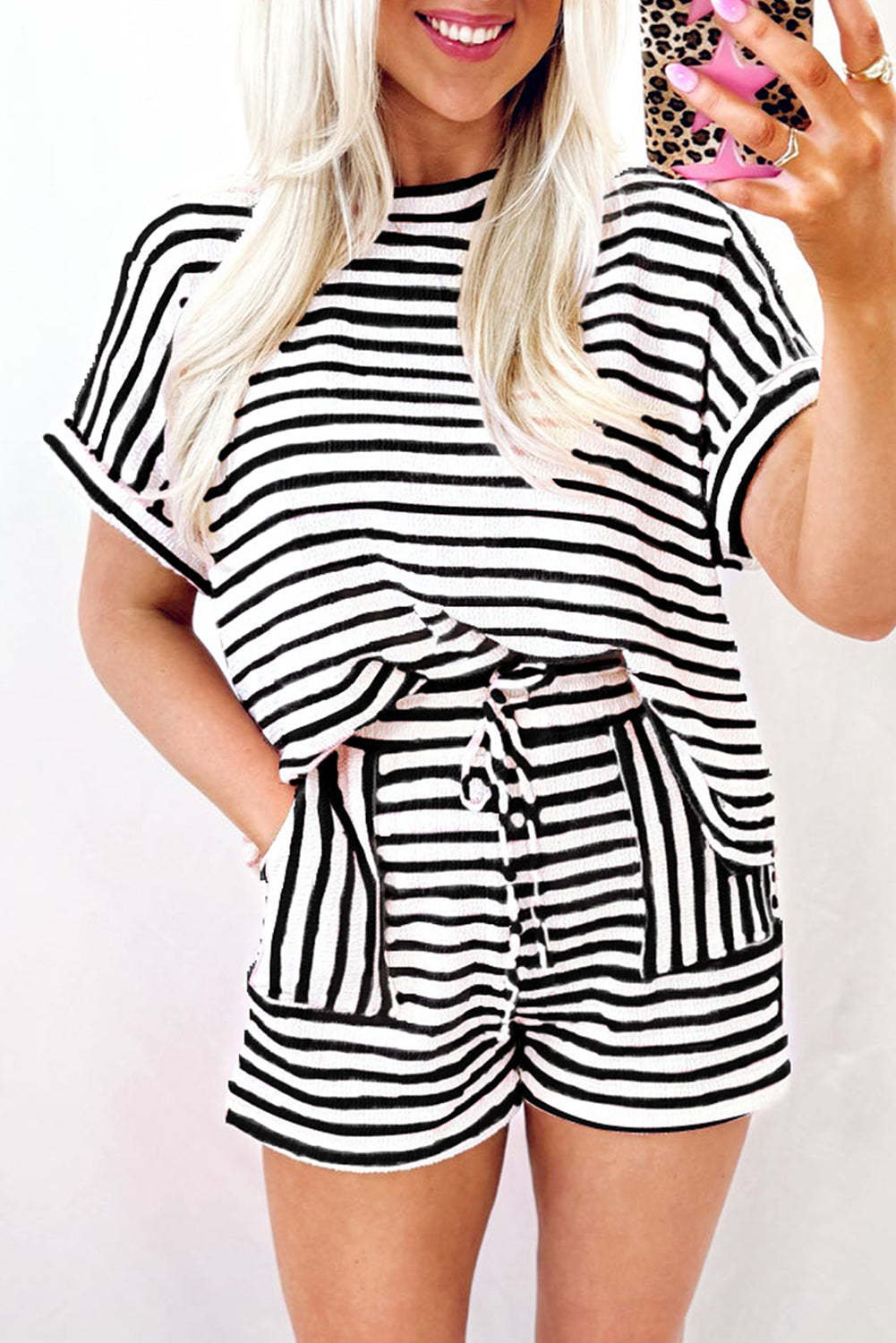 Summer Womens Crew Neck Pullover Short Sleeve Top And Drawstring Shorts Striped Set