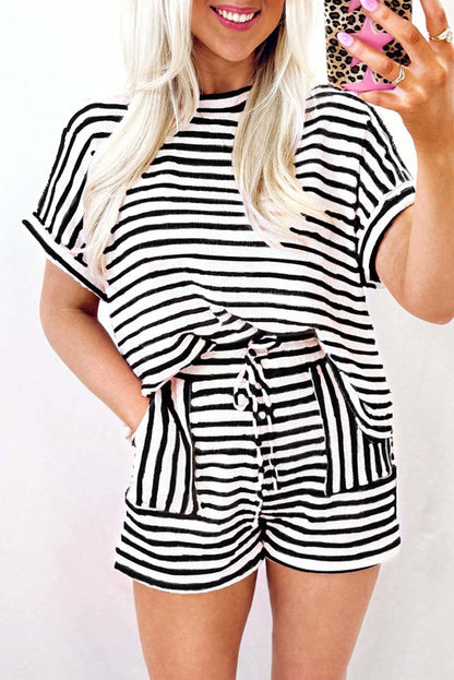 Summer Womens Crew Neck Pullover Short Sleeve Top And Drawstring Shorts Striped Set