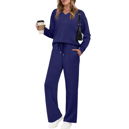 Long-sleeve Drawstring Solid-color Casual Pants Set