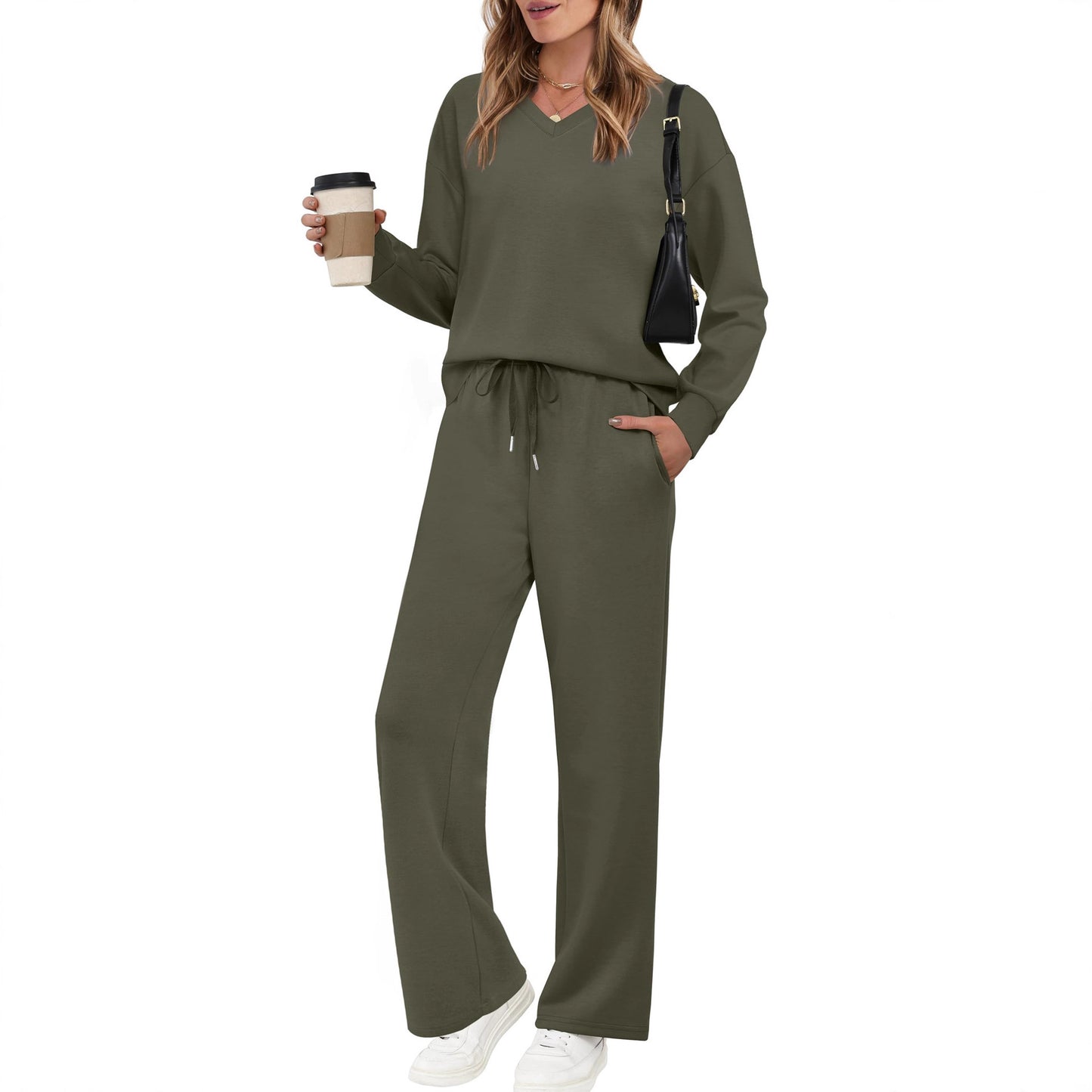 Long-sleeve Drawstring Solid-color Casual Pants Set