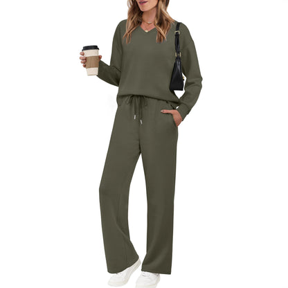 Long-sleeve Drawstring Solid-color Casual Pants Set