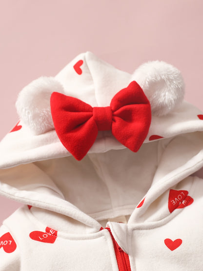 1pc Baby Girl'S Sweetheart-Themed Long-Sleeve Zip-Up Jumpsuit with Red Heart Print & Hood - Cozy Polyester, Ideal for Valentine'S Day, Infant Clothing|Playful Design|Zipup Jumpsuit, for Outdoor