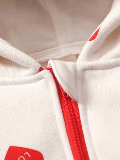 1pc Baby Girl'S Sweetheart-Themed Long-Sleeve Zip-Up Jumpsuit with Red Heart Print & Hood - Cozy Polyester, Ideal for Valentine'S Day, Infant Clothing|Playful Design|Zipup Jumpsuit, for Outdoor