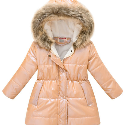 Children's Winter New Style Thickened Glossy Hooded Jacket for Boys and Girls, Mid-Length