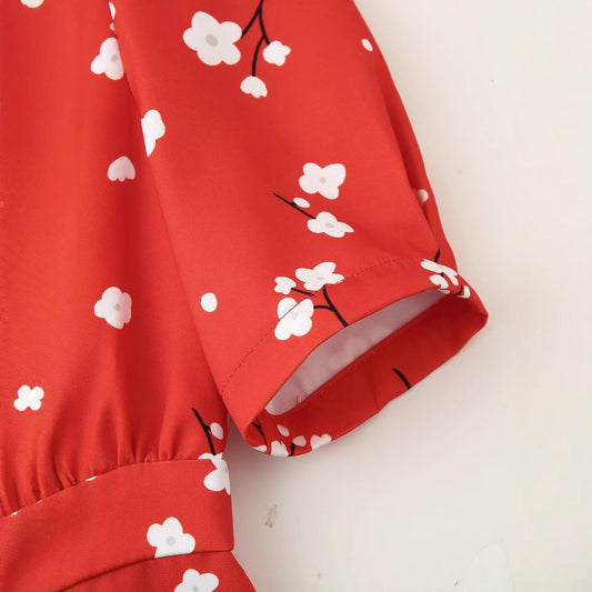 Summer New French-style Sweet Design Slim-fit Puff-sleeve Floral Print Dress