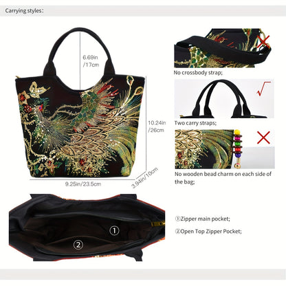 Wo 'S Embroidered Satchel Bag, Fashion Double Handle Purse, Retro Style Handbag with Removable Strap