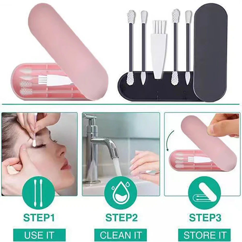 2Pcs Silicone Reusable Cotton Swab Earpick Kit With Box Portable Double Headed Soft Makeup Swab Ear Cleaning Set
