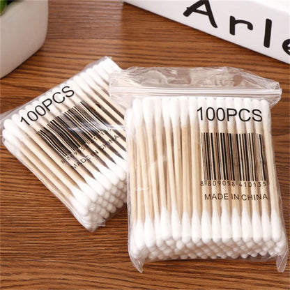 100/1000pcs Unscented Cotton Swabs, Double-Headed, Wooden Stick, Makeup Removal & Cleaning Ear Cotton Swabs