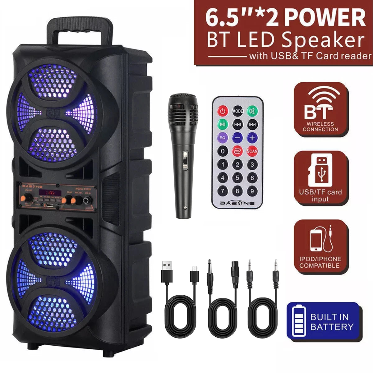 3000W Portable Bluetooth Speaker Subwoofer Heavy Bass Sound System DJ Party Home Outdoor Speakers & Microphone Remote LED Light
