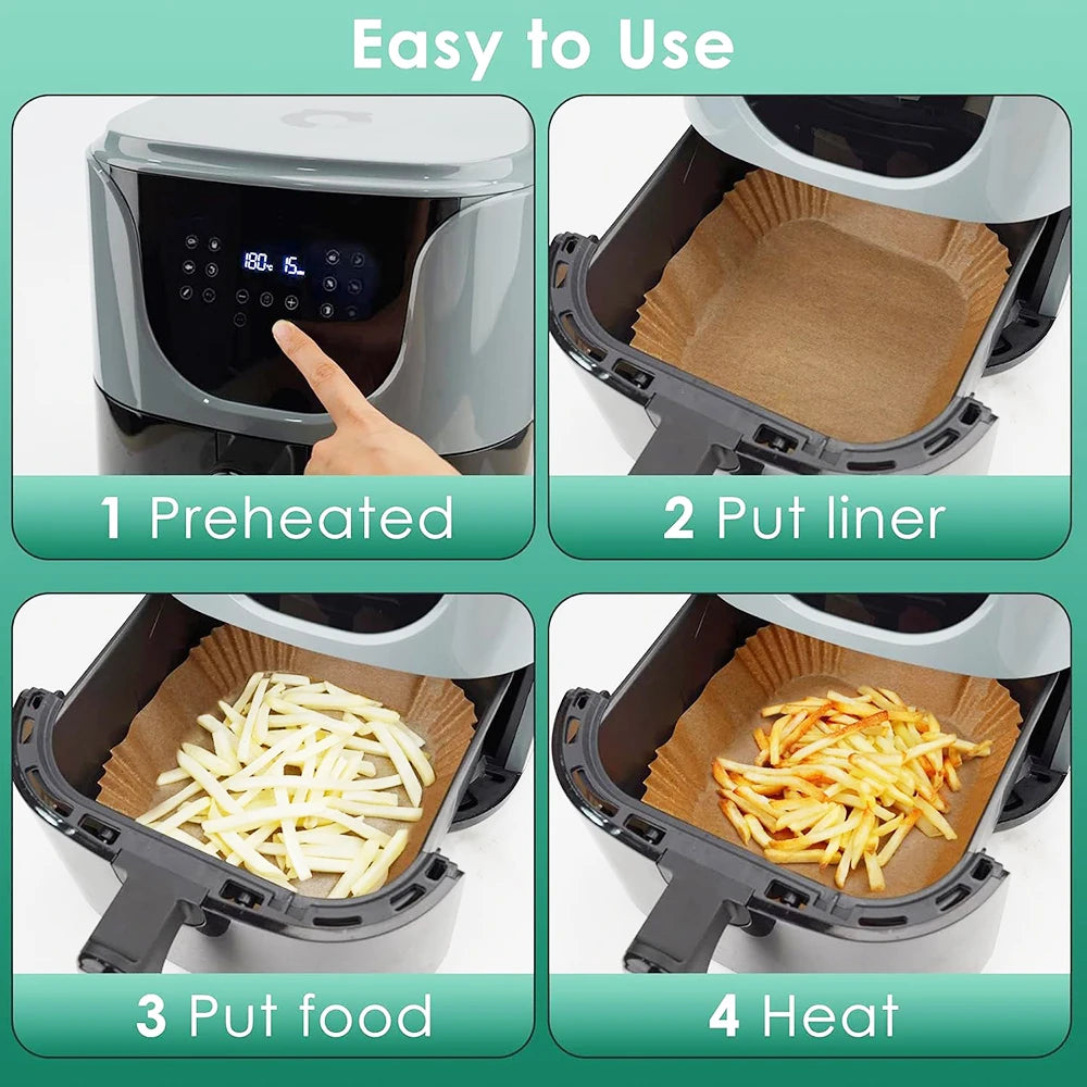 100pcs Air Fryer Paper Liners Disposable Non-Stick Parchment Paper Waterproof Oil-Proof Square Round Liners for Baking Roasting