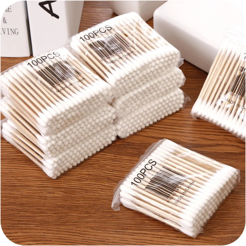 100/1000pcs Unscented Cotton Swabs, Double-Headed, Wooden Stick, Makeup Removal & Cleaning Ear Cotton Swabs