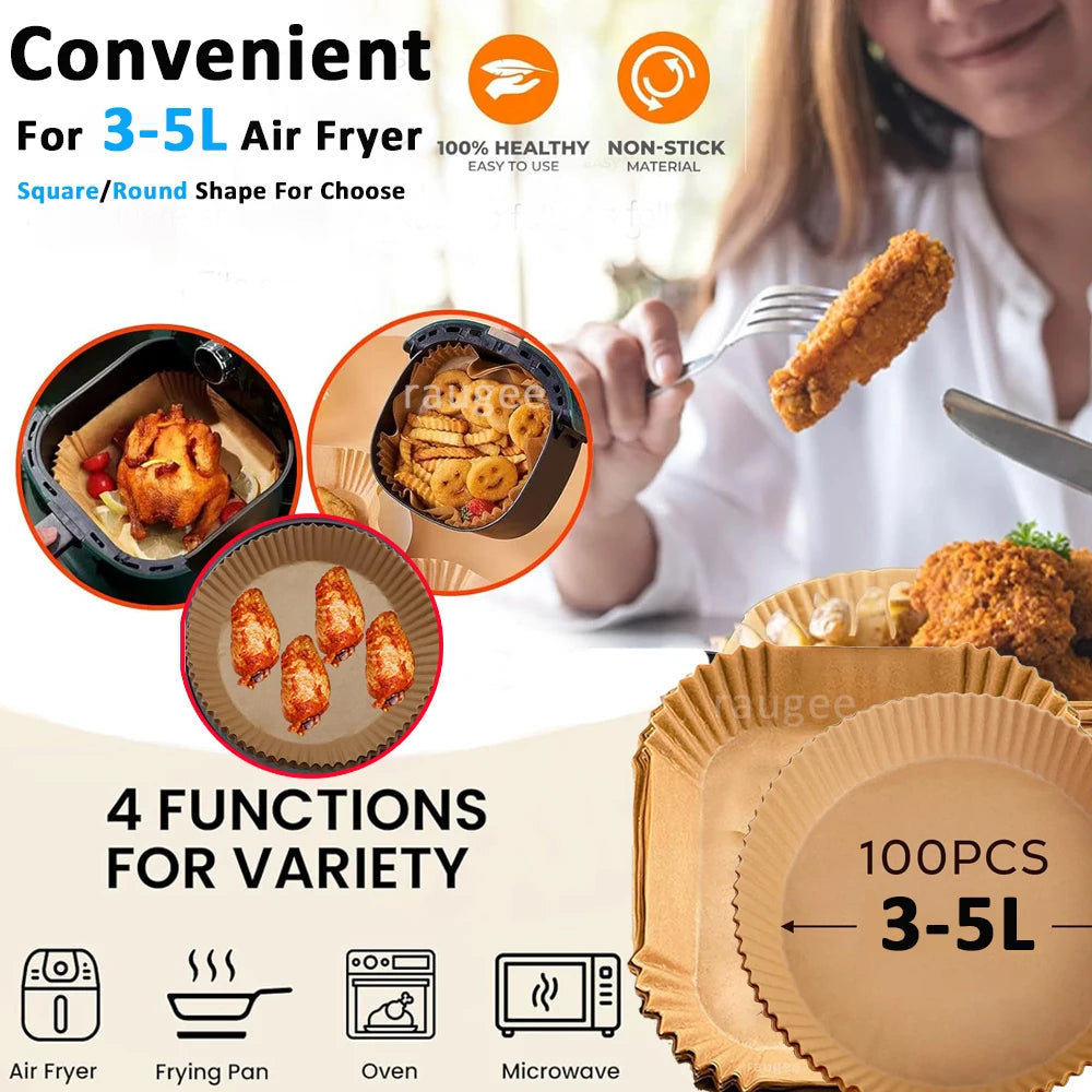 100pcs Air Fryer Paper Liners Disposable Non-Stick Parchment Paper Waterproof Oil-Proof Square Round Liners for Baking Roasting