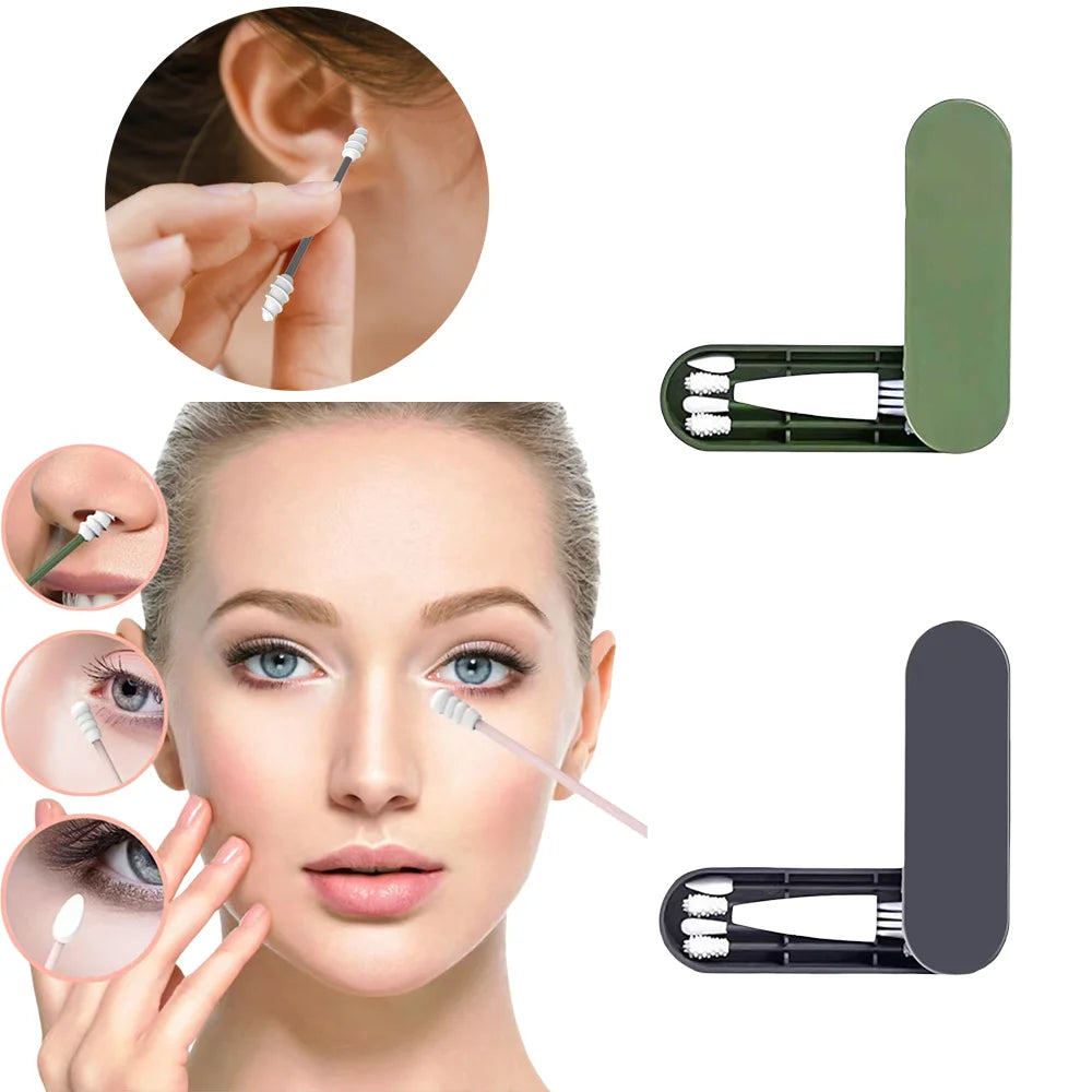 2Pcs Silicone Reusable Cotton Swab Earpick Kit With Box Portable Double Headed Soft Makeup Swab Ear Cleaning Set