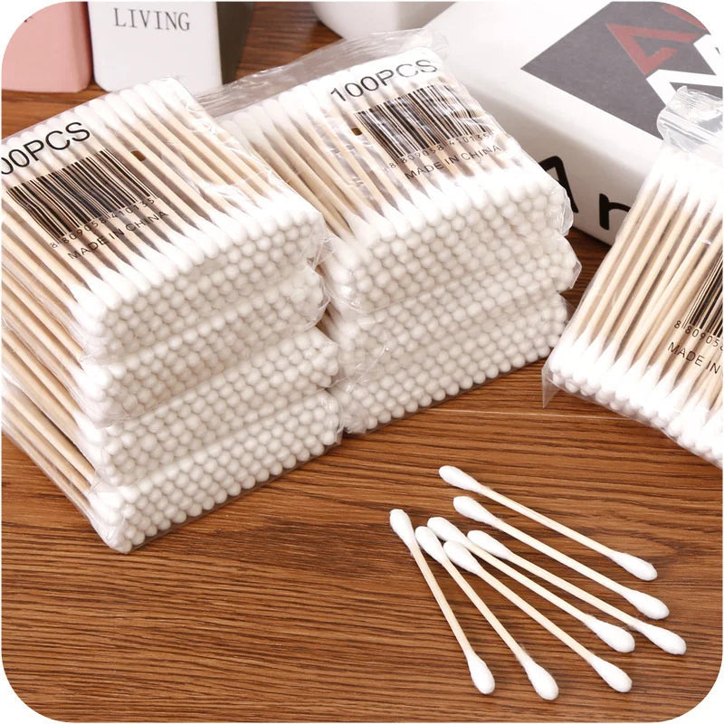 100/1000pcs Unscented Cotton Swabs, Double-Headed, Wooden Stick, Makeup Removal & Cleaning Ear Cotton Swabs