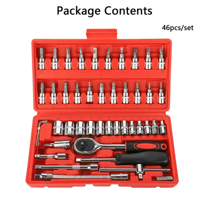 46PCS Socket Wrench Set Flexiable Ratchet 1/4" Drive Ratchet Torx Hex Wrench Kit  Car Repairing Tool