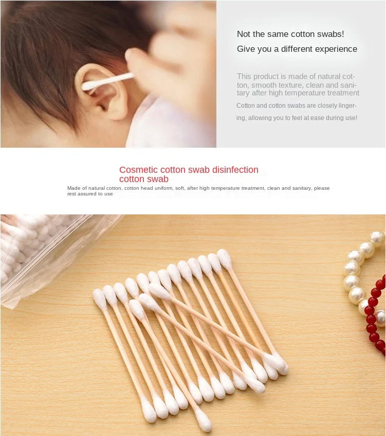 Disposable sanitary cotton swabs, soft bags, wooden sticks, double ended cotton swabs, cleaning cotton swabs, 100 pieces in tota