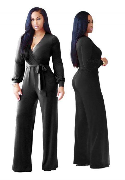 Long Sleeve Solid Jumpsuit With Belt