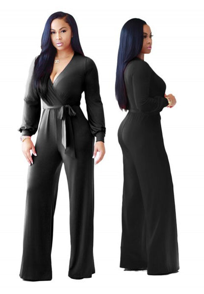 Long Sleeve Solid Jumpsuit With Belt