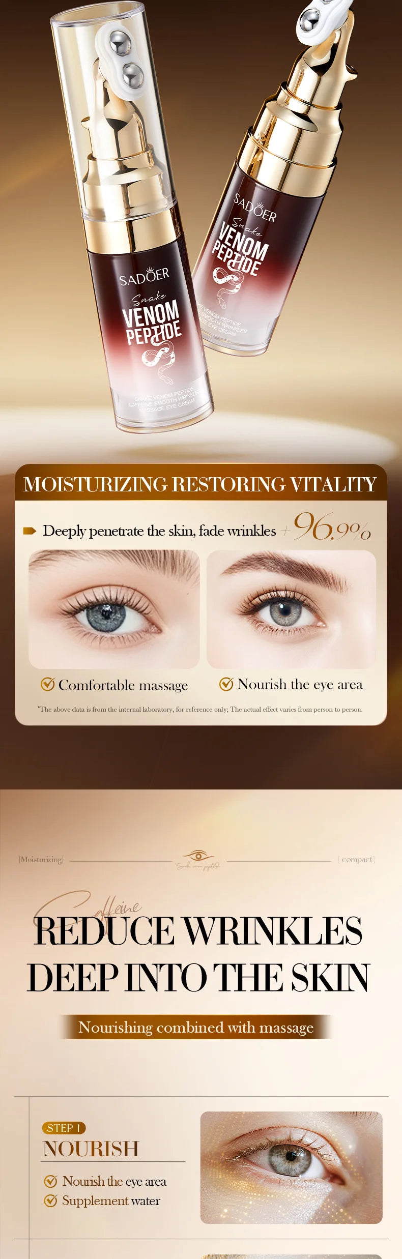 Snake Venom Eye Cream Anti- Wrinkle With Roller Ball Quick Hydrating Refreshing Caffeine Eye Serum Fades Fine Lines Skin Care