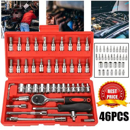 46PCS Socket Wrench Set Flexiable Ratchet 1/4" Drive Ratchet Torx Hex Wrench Kit  Car Repairing Tool
