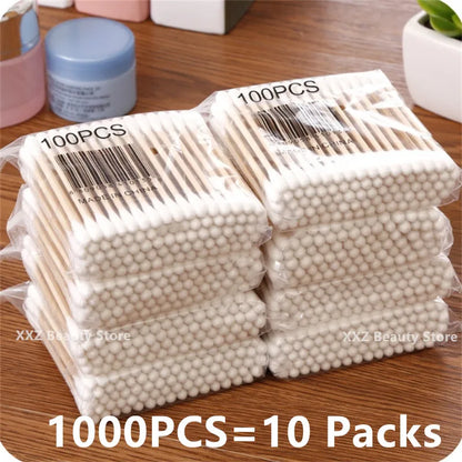 100/1000pcs Unscented Cotton Swabs, Double-Headed, Wooden Stick, Makeup Removal & Cleaning Ear Cotton Swabs