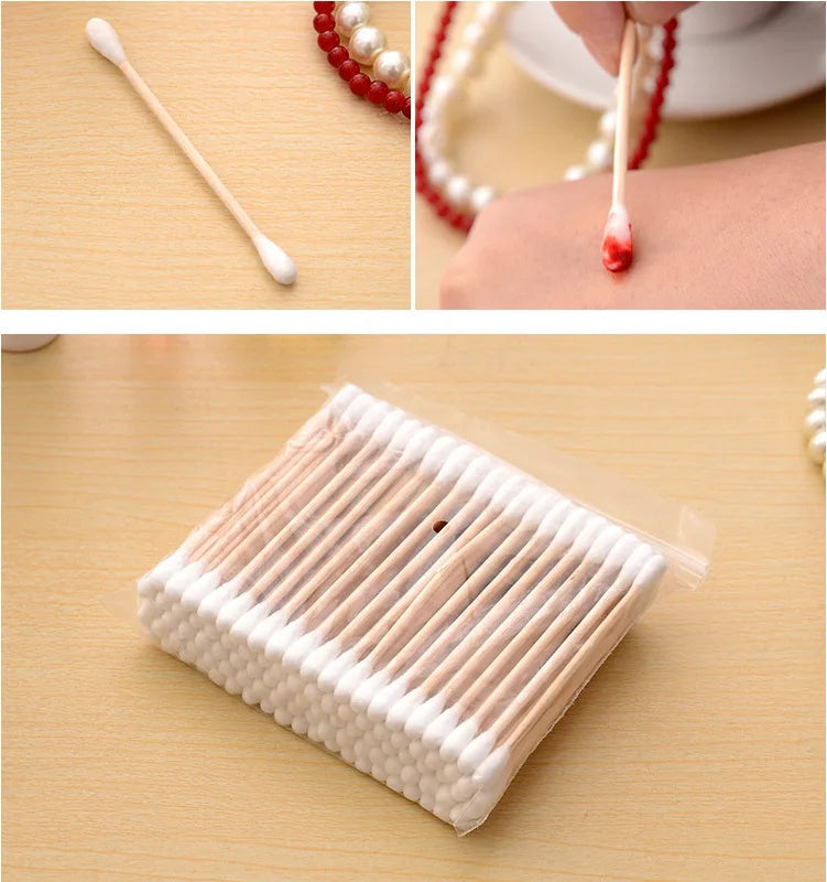 Disposable sanitary cotton swabs, soft bags, wooden sticks, double ended cotton swabs, cleaning cotton swabs, 100 pieces in tota