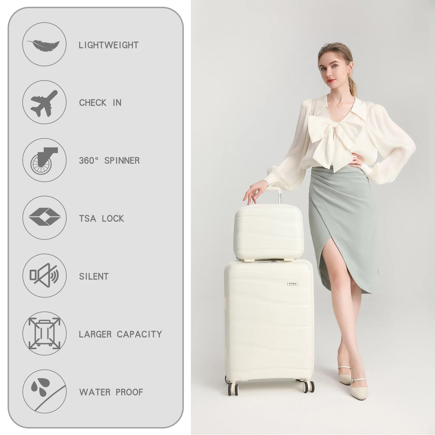 Kono Large Check in Luggage Lightweight Polypropylene Hard Shell Suitcase with TSA Lock Spinner Wheels