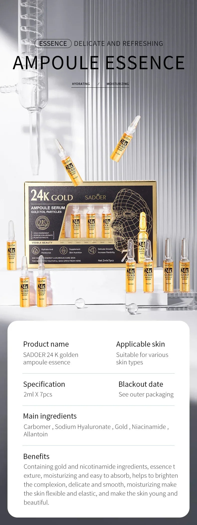 Vitamin C Face Whitening Serum Dark Spots Freckles Removal Hyaluronic Pore Minimizer Anti Aging Wrinkle Remove Golder Essence
